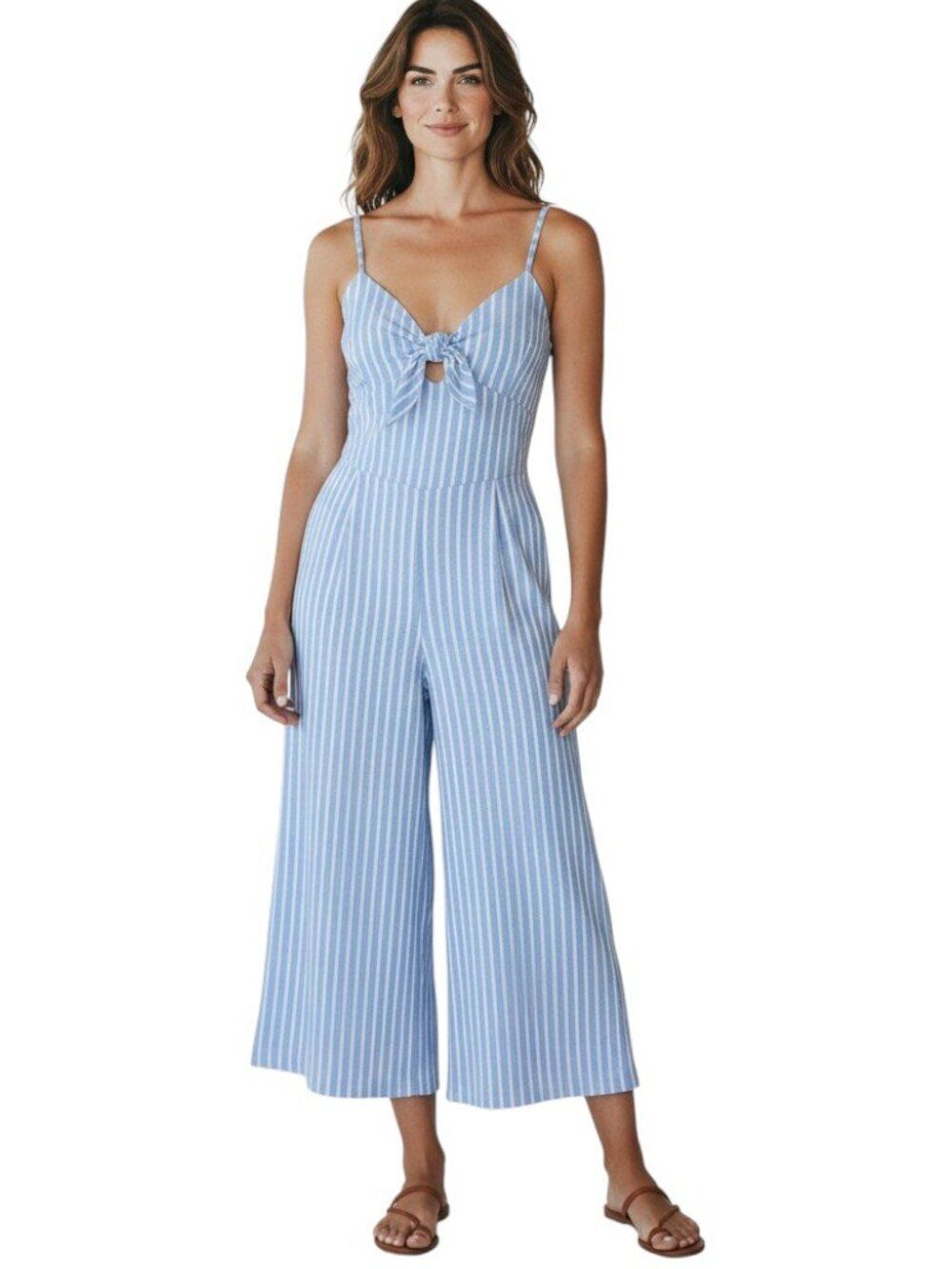 J Crew Striped Wide Leg Culotte Jumpsuit Blue White Bustier Tie Spaghetti Size 2